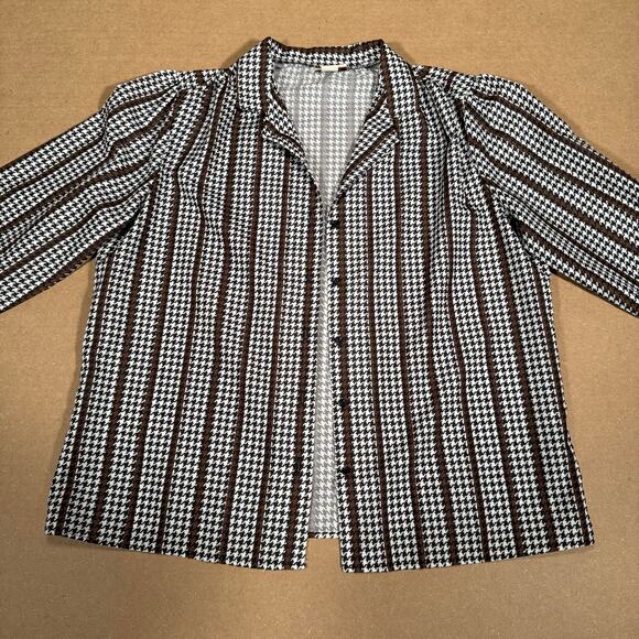 Vintage 70s Rhapsody Houndstooth Blouse Sz 40 Made in USA Brown Retro Disco Top - Picture 2 of 8